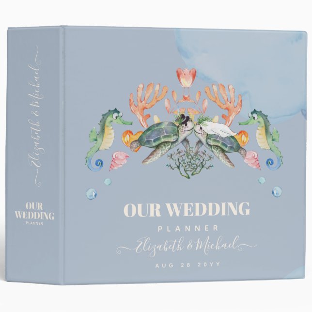 Sea Turtle Wedding Featuring Bride and Groom 3 Ring Binder (Front/Spine)