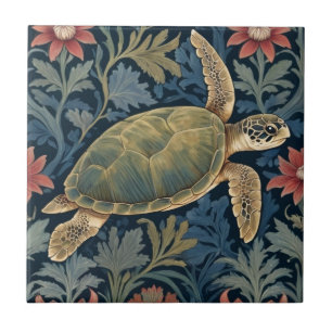 Sea Turtle William Morris style Hawaii Marine Life Ceramic Tile