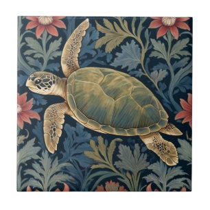 Sea Turtle William Morris style Hawaiian Tropical Ceramic Tile