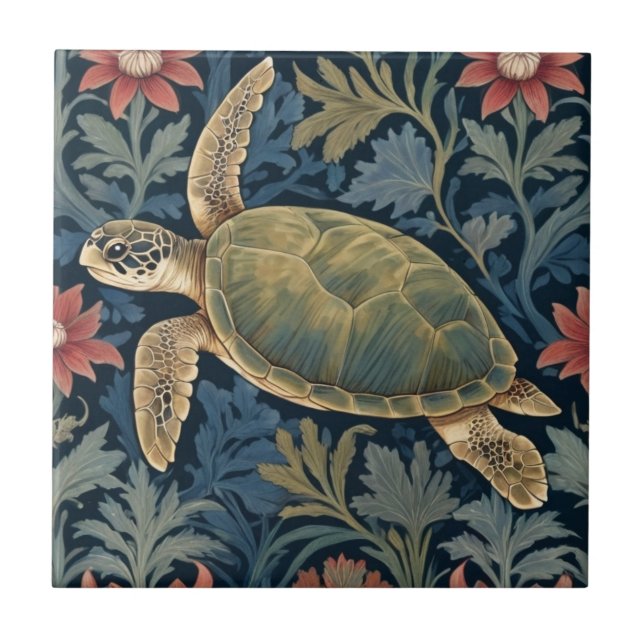 Sea Turtle William Morris style Hawaiian Tropical Ceramic Tile (Front)