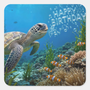 Sea Turtle With Birthday Bubbles Square Sticker