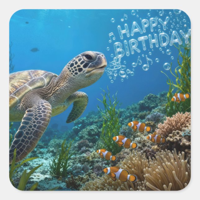 Sea Turtle With Birthday Bubbles Square Sticker (Front)