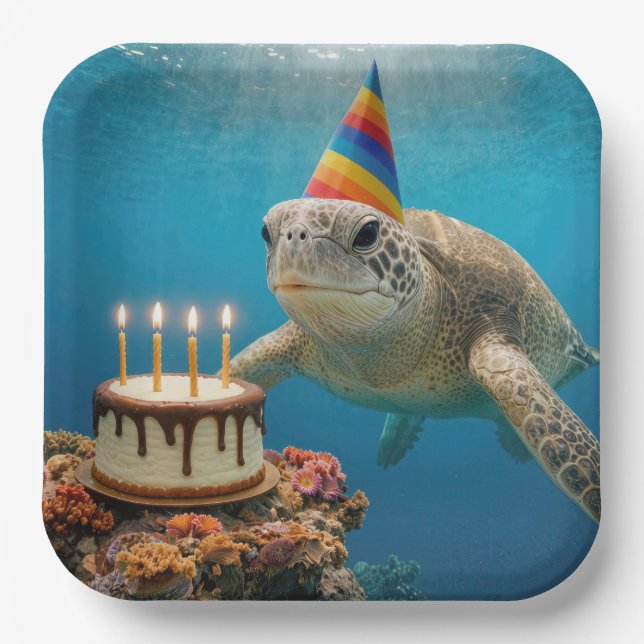 Sea Turtle with Birthday Cake Paper Plates (Front)