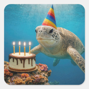 Sea Turtle with Birthday Cake Square Sticker