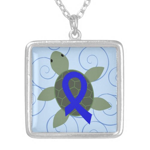 Sea Turtle with Blue Awareness Ribbon Silver Plated Necklace