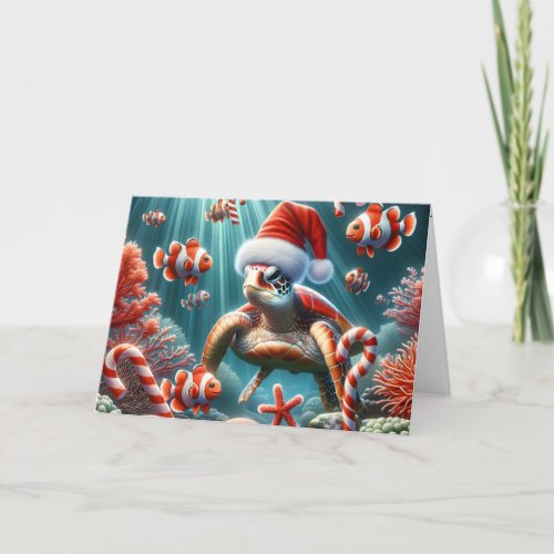 Sea Turtle With Christmas Hat Holiday Card