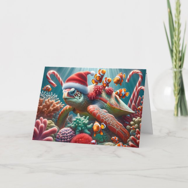 Sea Turtle With Christmas Hat Holiday Card (Front)