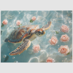 Sea Turtle with Pink Roses Decoupage Tissue Paper