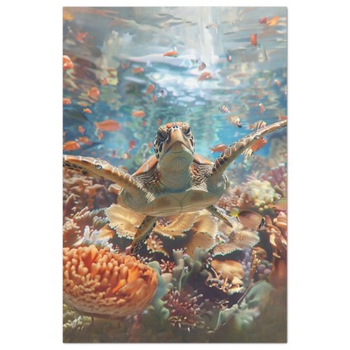 Sea Turtle with Teal Blue Ocean Decoupage Tissue Paper