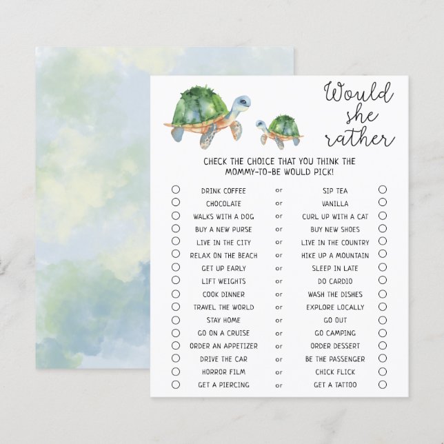 Sea turtle - Would She Rather Baby Shower Game (Front/Back)