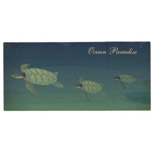 Sea turtles and calligraphy wood flash drive