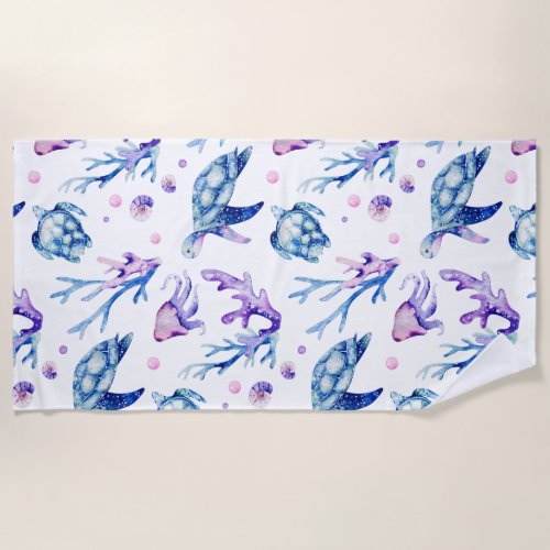 Sea turtles and corals pattern beach towel