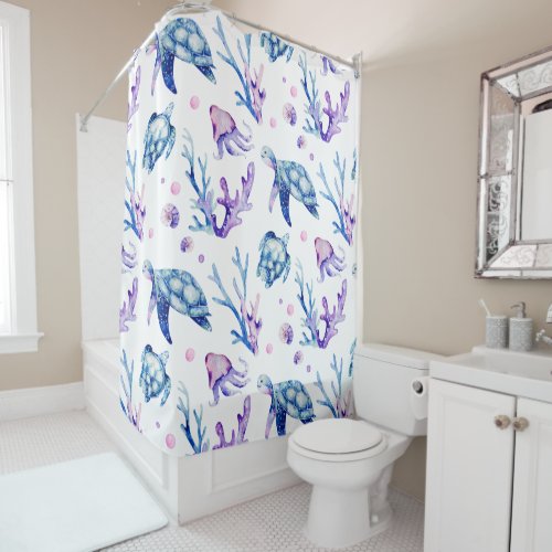Sea turtles and corals pattern shower curtain