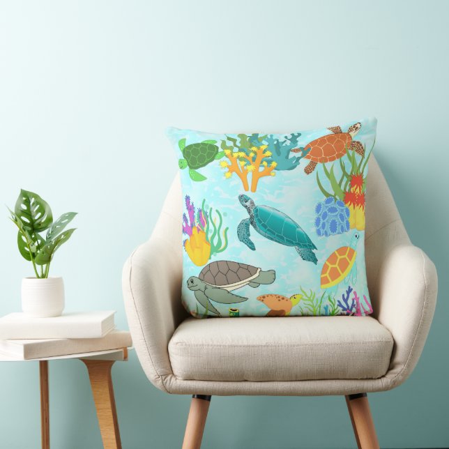 Sea Turtles And Corals Under The Ocean  Throw Pillow (Chair)
