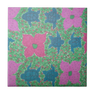 Sea Turtles and Flowers Tropical Art Tile