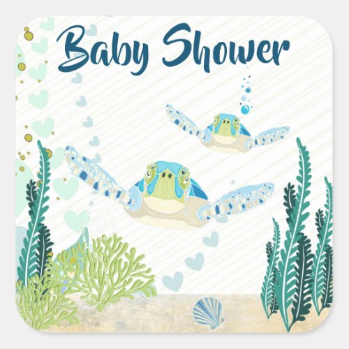 Sea Turtles and Hearts Beach Baby Shower Square Sticker