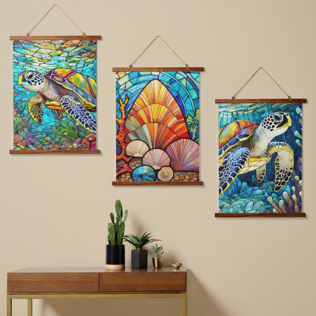 Sea turtles and seashells art set hanging tapestry (Asymmetrical)