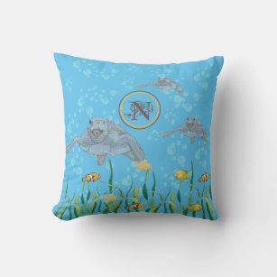 Sea Turtles and Tropical Fish Bubbles Personalize Throw Pillow