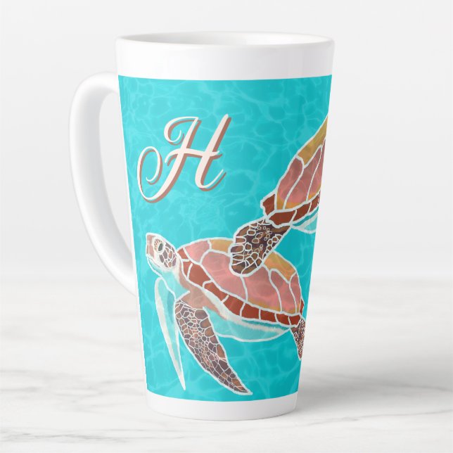 Sea Turtles Aqua Monogram Illustrated Latte Mug (Left Angle)