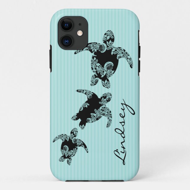Sea Turtles Aqua Stripe with Name Case-Mate iPhone Case (Back)