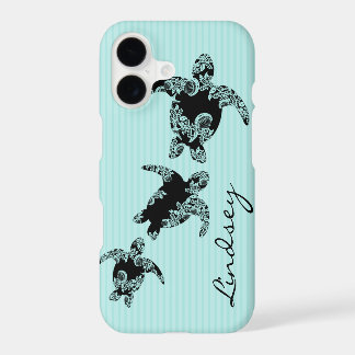 Sea Turtles Aqua Stripe with Name iPhone 17 Case