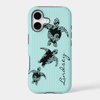 Sea Turtles Aqua Stripe with Name iPhone 17 Case
