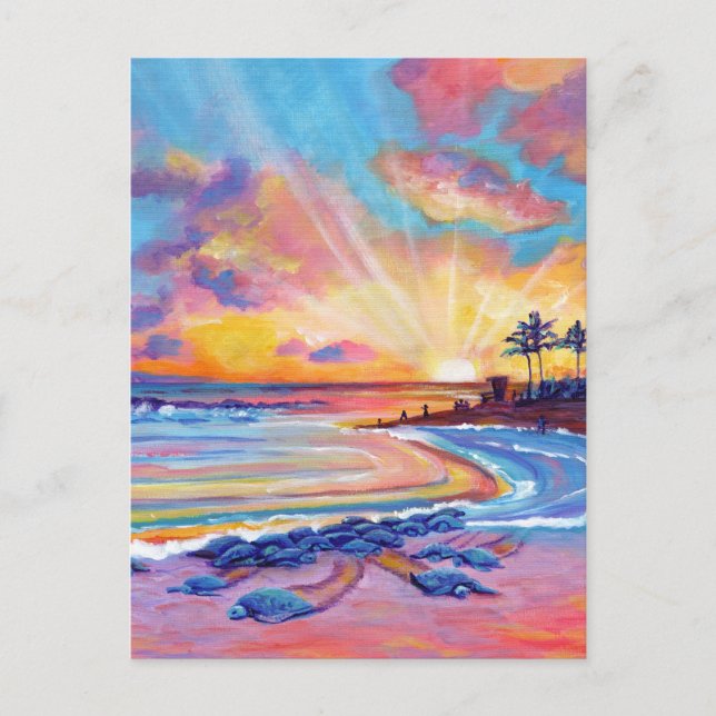 Sea Turtles at Poipu Beach Kauai at Sunset Postcard (Front)