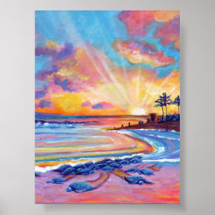 Sea Turtles at Poipu Beach Kauai at Sunset Poster