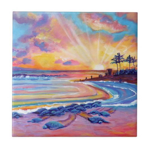 Sea Turtles at Poipu Beach Sunset Ceramic Tile