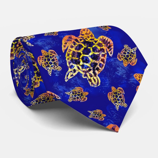 Sea Turtles Batik African Art Neck Tie (Rolled)