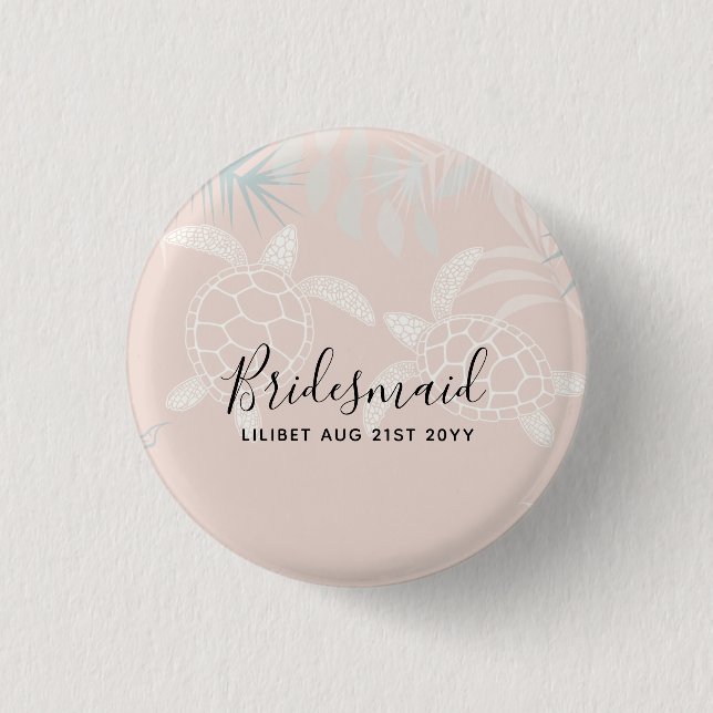 Sea Turtles Beach Coral and Turquoise Bridal Party Button (Front)