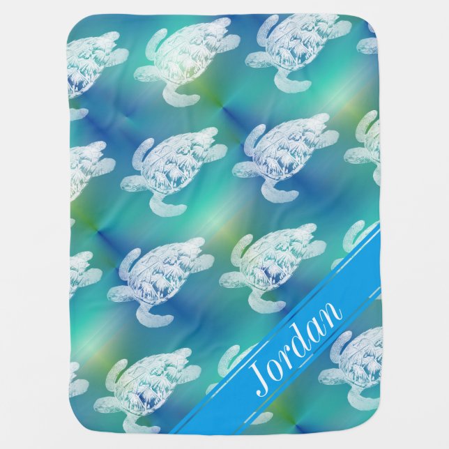 Sea Turtles Blue Aqua Personalized Baby Blanket (Front)