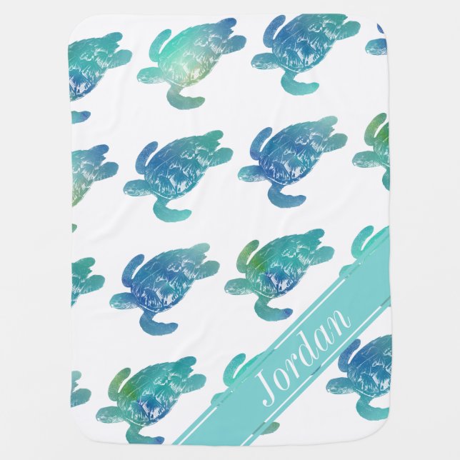 Sea Turtles Blue Green Personalized Baby Blanket (Front)
