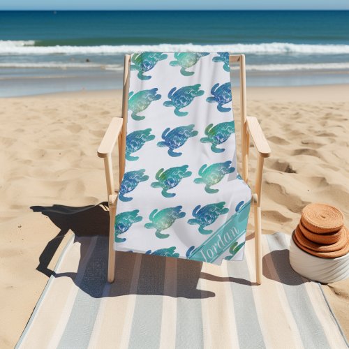 Sea Turtles Blue Green Personalized Beach Towel