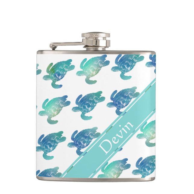 Sea Turtles Blue Green Personalized Flask (Front)