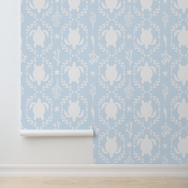 Sea Turtles Coastal White and Light Blue Wallpaper (Application)