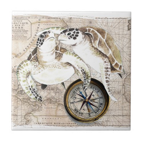 Sea Turtles Compass Map Ceramic Tile