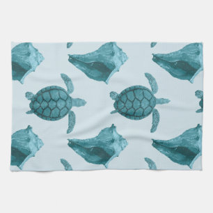 Sea Turtles & Conch in Aqua/Blue Tones Kitchen Towel