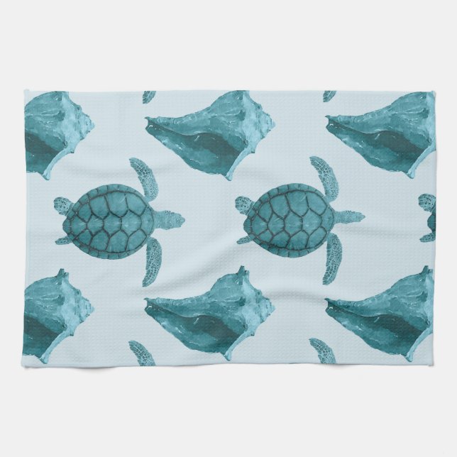 Sea Turtles & Conch in Aqua/Blue Tones Kitchen Towel (Horizontal)