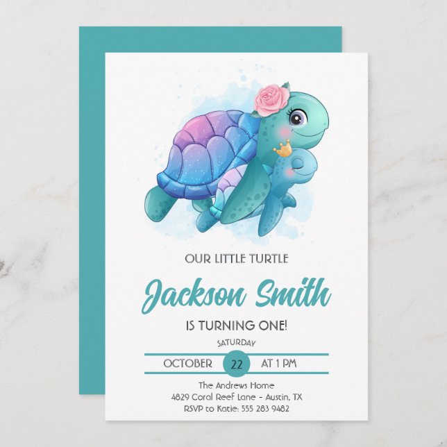 Sea Turtles Cute Kids Birthday Party  Invitation (Front/Back)