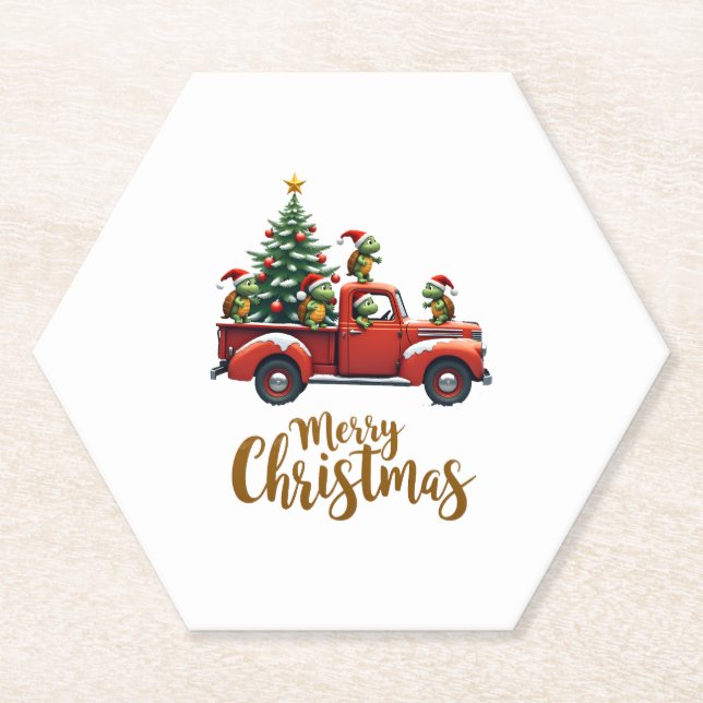 Sea Turtles Driving Christmas Tree Truck Turtle Ch Paper Coaster (Front)