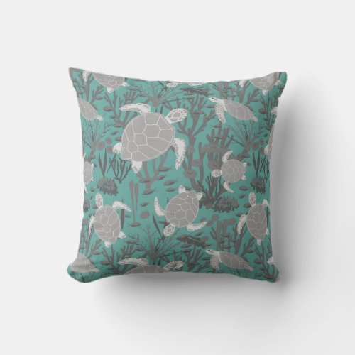 Sea Turtles Grey Blue Throw Pillow