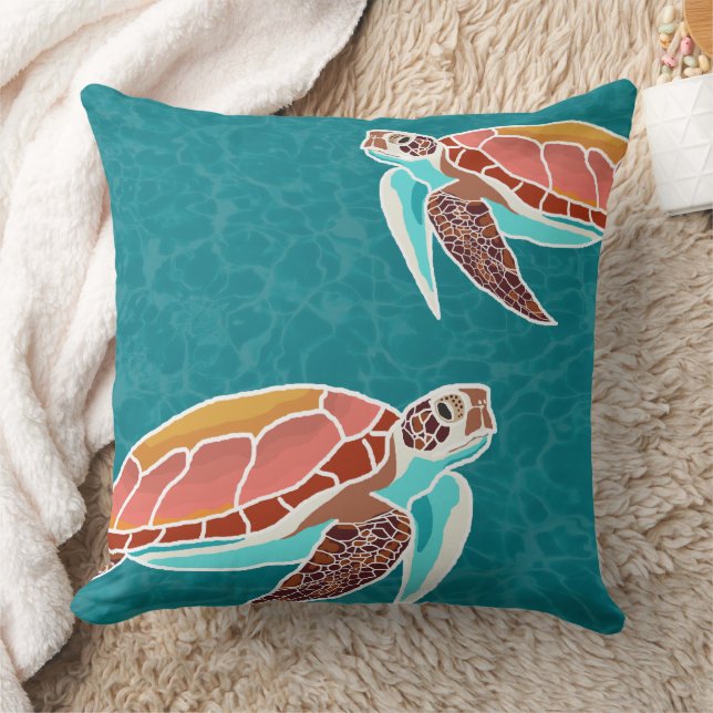 Sea Turtles Illustrated Throw Pillow (Blanket)