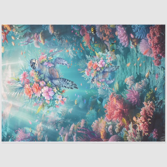 Sea Turtles In Beautiful Scenic Ocean Decoupage Tissue Paper (Front)