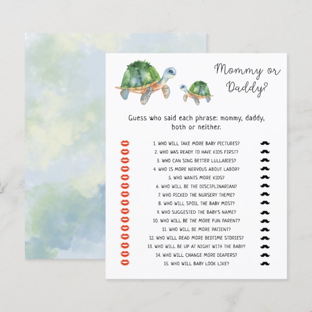 Sea Turtles - mommy or daddy baby shower game (Front/Back)