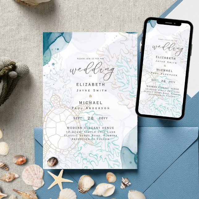 Sea Turtles Ocean Life Beach Teal Wedding Invitation (Creator Uploaded)