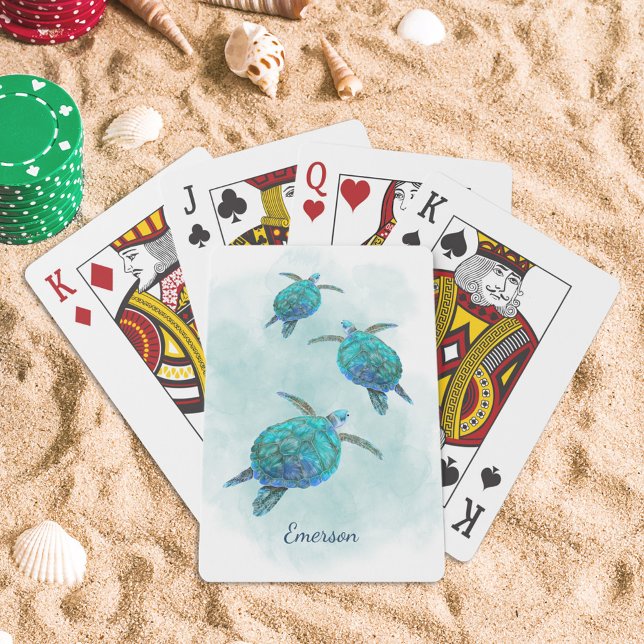 Sea Turtles Ocean Watercolor Personalized Poker Cards (Creator Uploaded)