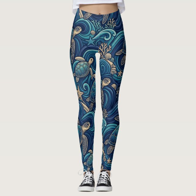 Sea Turtles, Palm Trees, and Waves Pattern Leggings (Front)