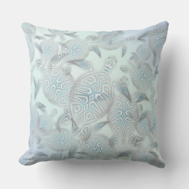 Sea Turtles Pattern Silver Blue Coastal Nautical Outdoor Pillow (Front)