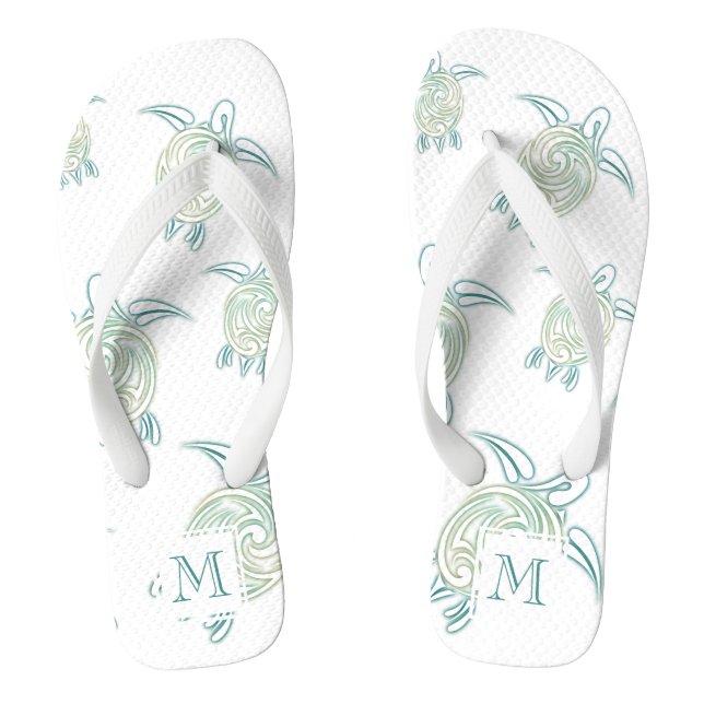 Sea Turtles Pattern White Green Monogram Flip Flops (Footbed)